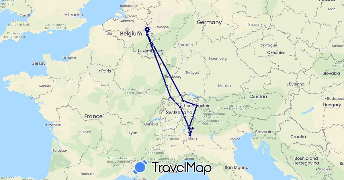 TravelMap itinerary: driving in Belgium, Switzerland, Italy, Liechtenstein (Europe)